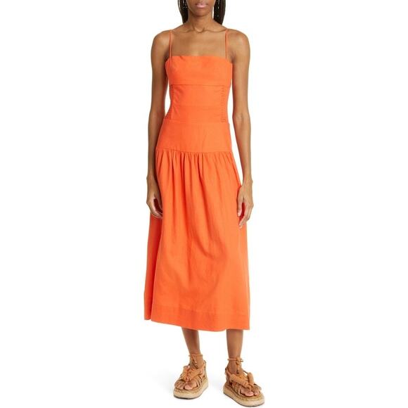 Farm Rio Orange Smocked Linen Blend Sleeveless Resort Midi Sun Dress Size Small - Picture 2 of 16